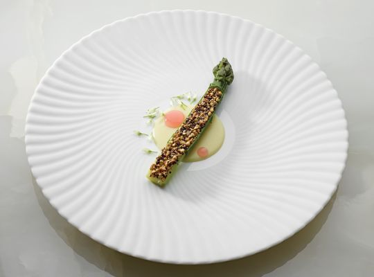 Asperge verte aux céréales germées, sabayon vin jaune